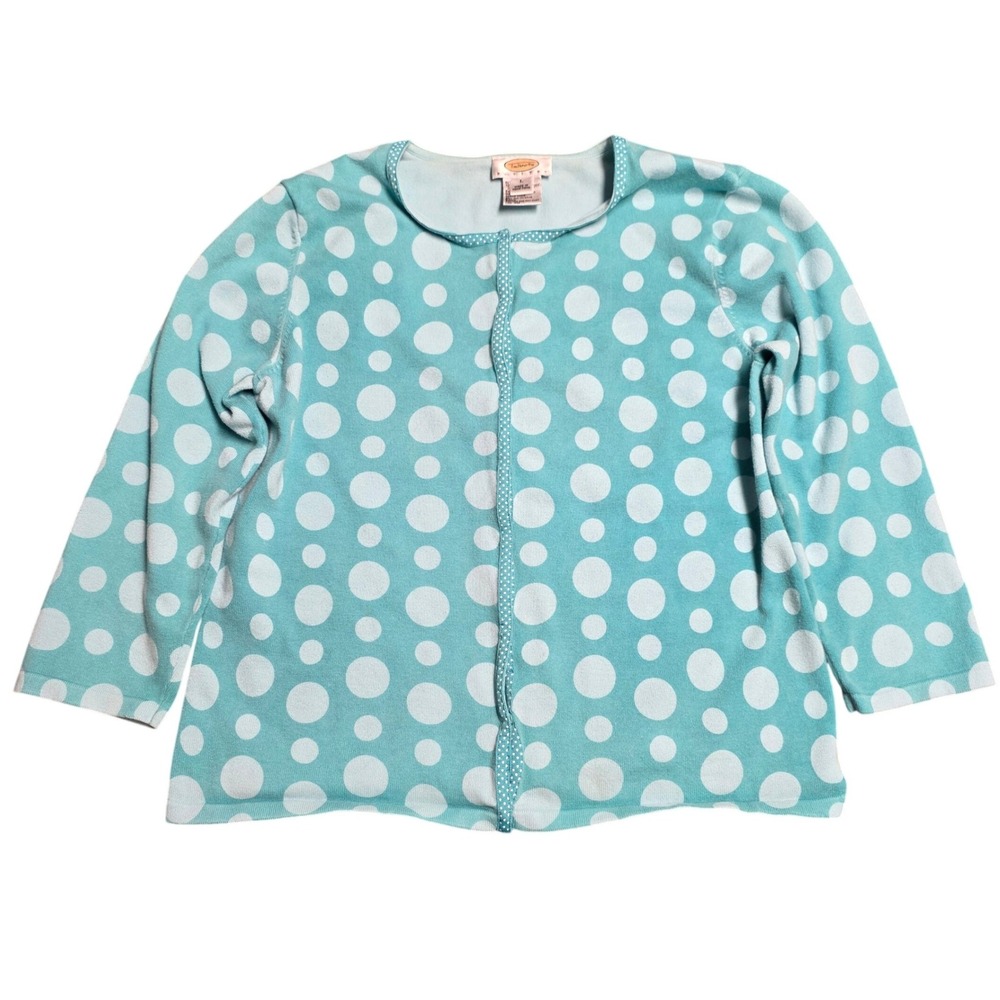Talbots Petites Snap Front Cardigan Sweater Women's Size L Blue White Polka Dot